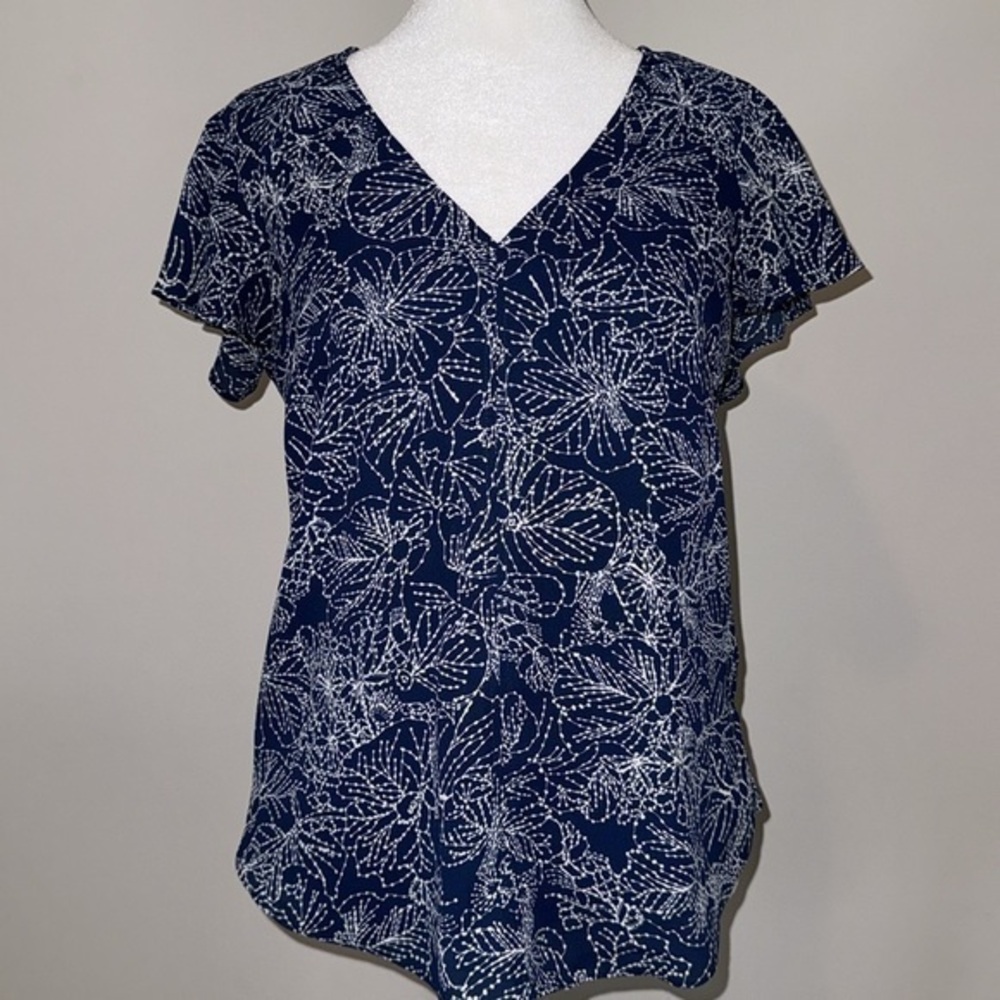 H&M Women's Blue Floral Polyester Blouse Short Sleeve